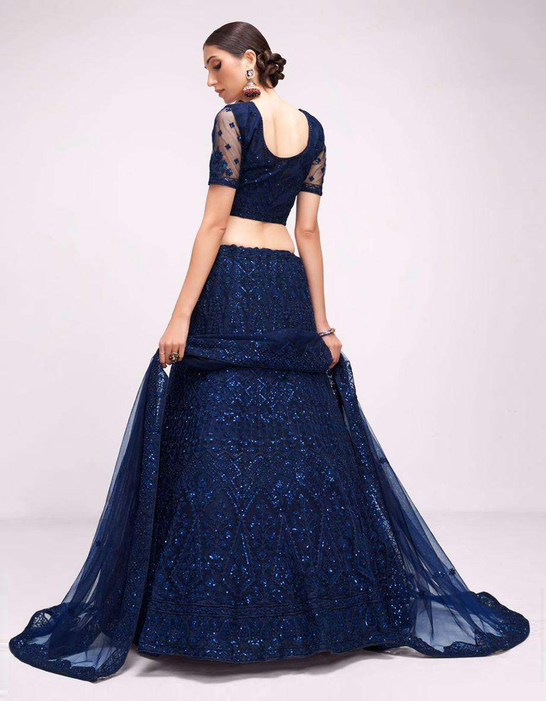 Buy Navy Blue Lehenga In Satin Blend Embellished With Kundan Work In  Striped Design KALKI Fashion India