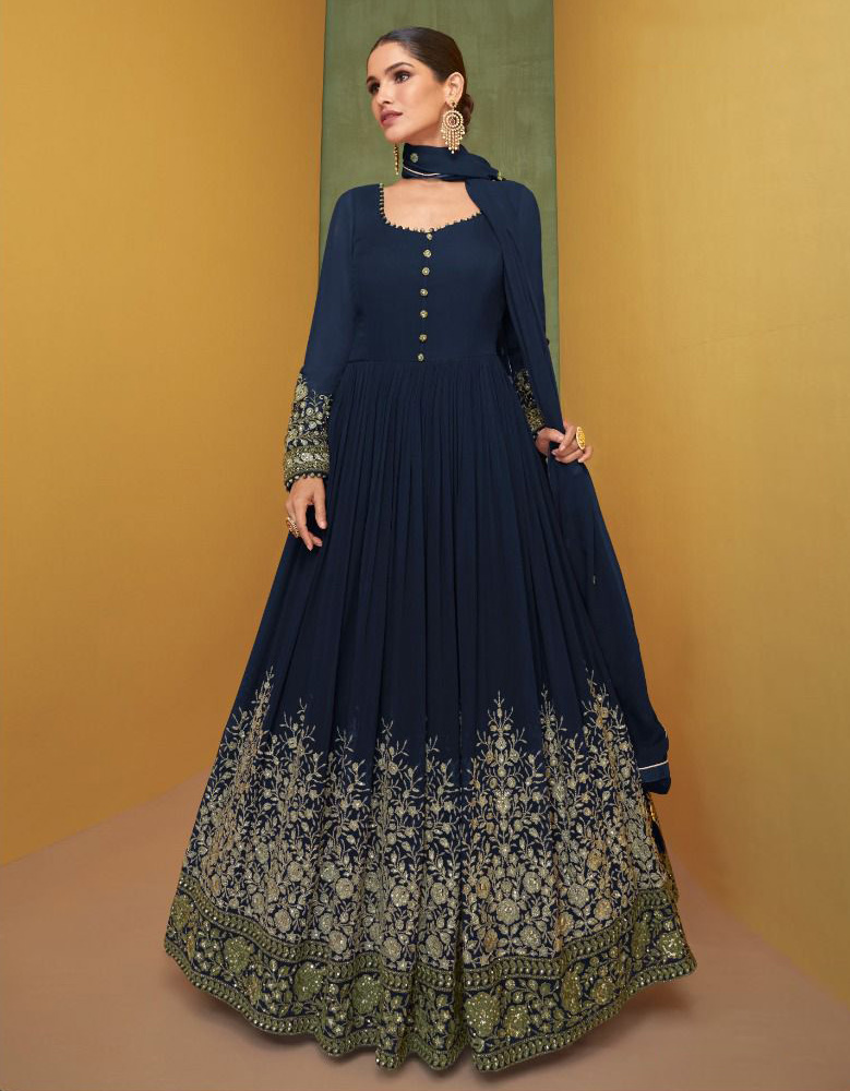 Dress brilliant in this splendid dark blue designer floor length gown  featuring self color resham and stone embell… | Gowns, Designer wedding  gowns, Gowns for girls