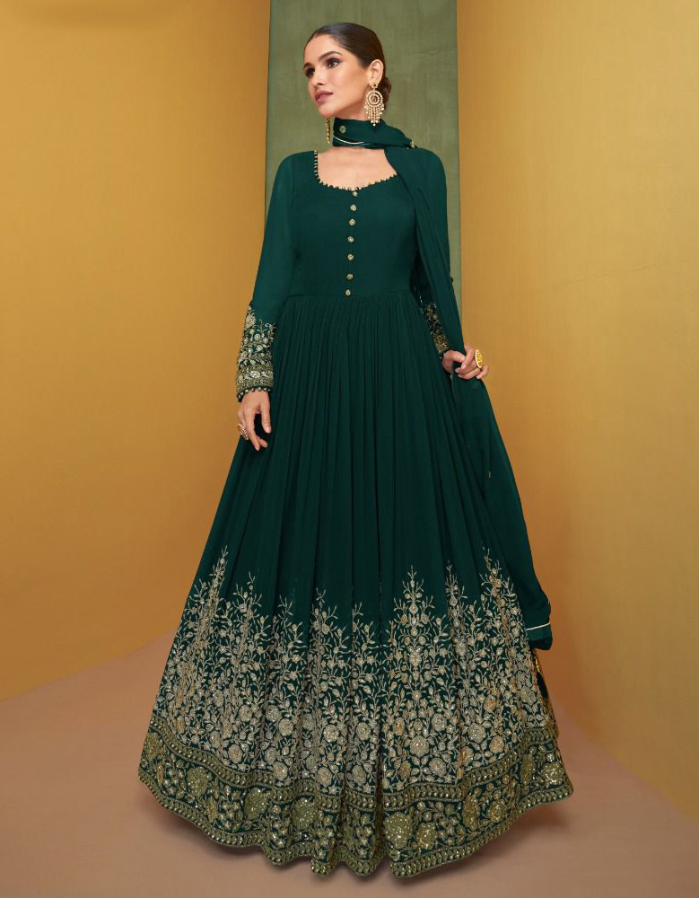 Tvis and Bliss. Full Length Dark Green and Bieige Silk Neck Embroidery Work  Gown Set with Designer Dupatta