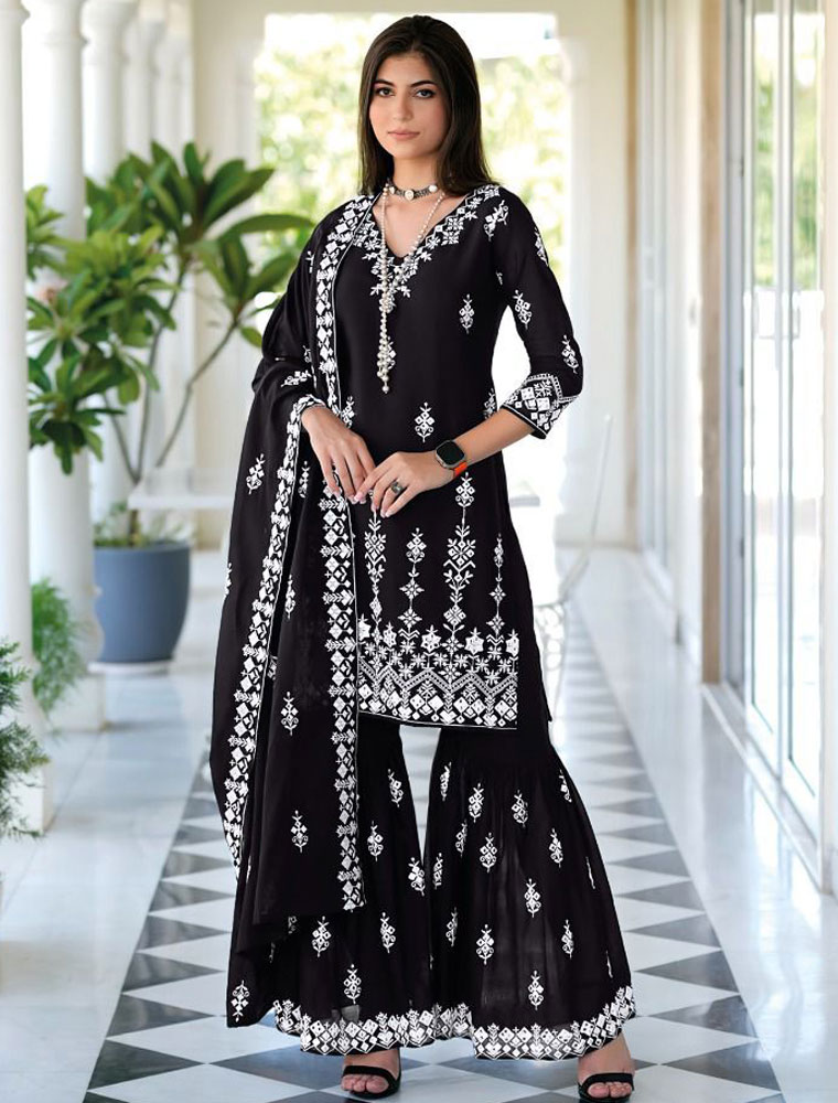 Pure Mal Mal Black Readymade Kurti Sharara Dress With Dupatta