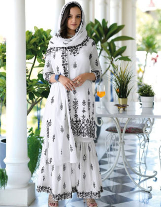 Pure Mal Mal White Readymade Kurti Sharara Dress with Dupatta