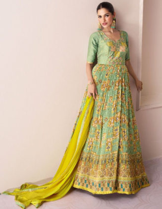 Real Georgette Designer Party Gown Lemon Grass