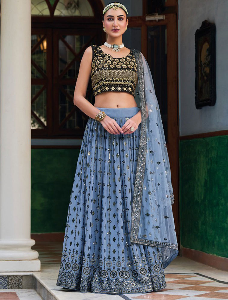 Pastel Yellow And Blue Work Georgette Designer Party wear Lehenga Chol –  Saris and Things