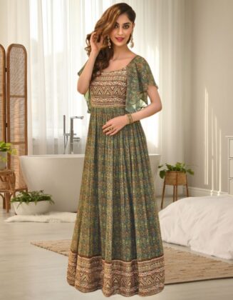 Premium Anarkali Designer Dress Olive Haze