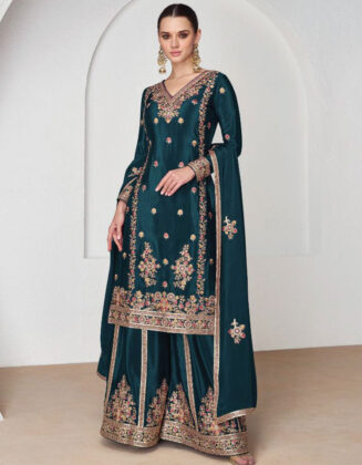 Wedding Wear Chinon Silk Palazzo Style Suit Blue Dianne