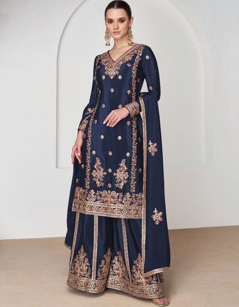 Wedding Wear Chinon Silk Palazzo Style Suit Ebony