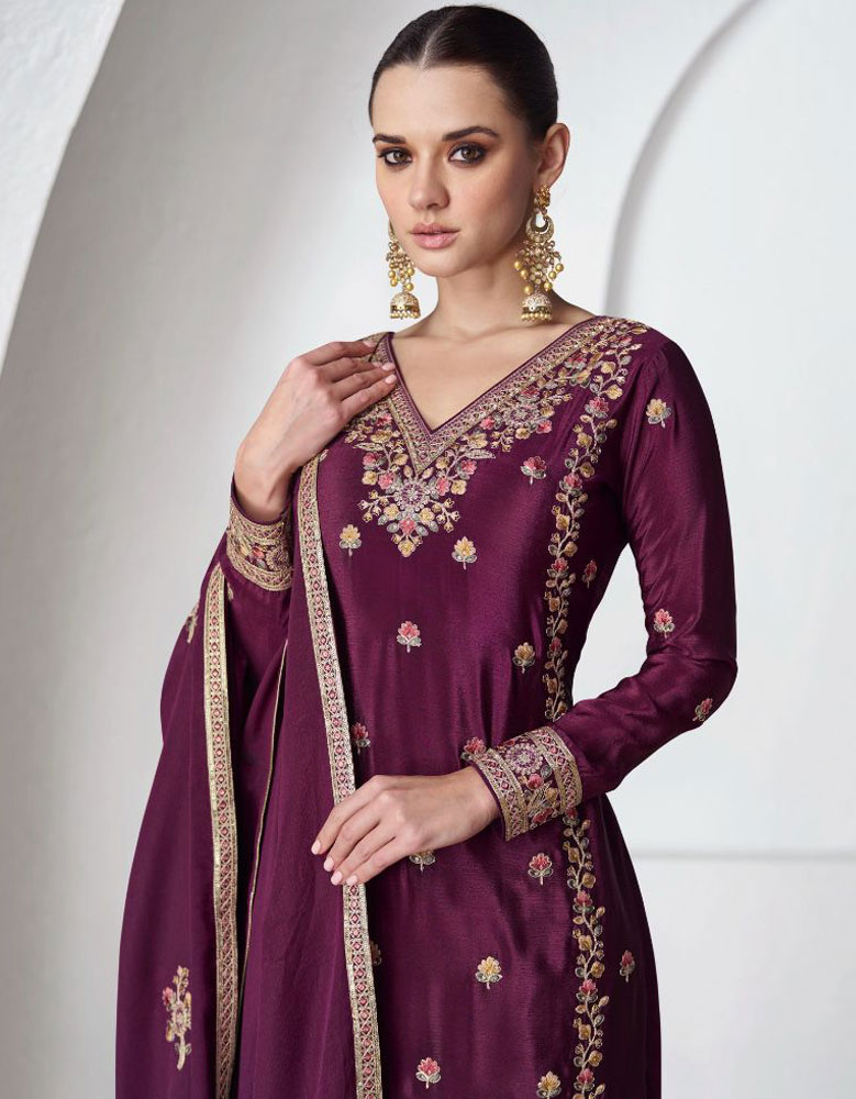 Wedding Wear Chinon Silk Palazzo Style Suit Wine Berry