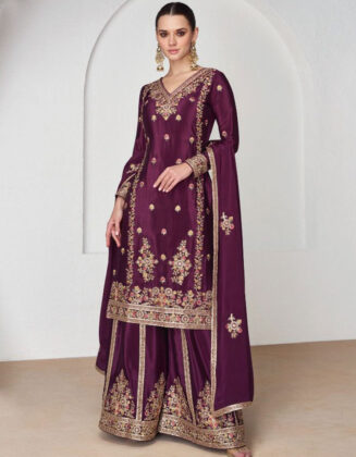 Wedding Wear Chinon Silk Palazzo Style Suit Wine Berry