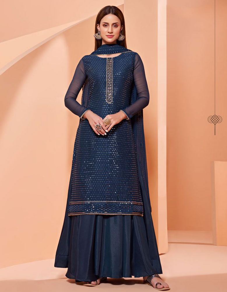 Pure Georgette Stylish Party Dress Nile Blue