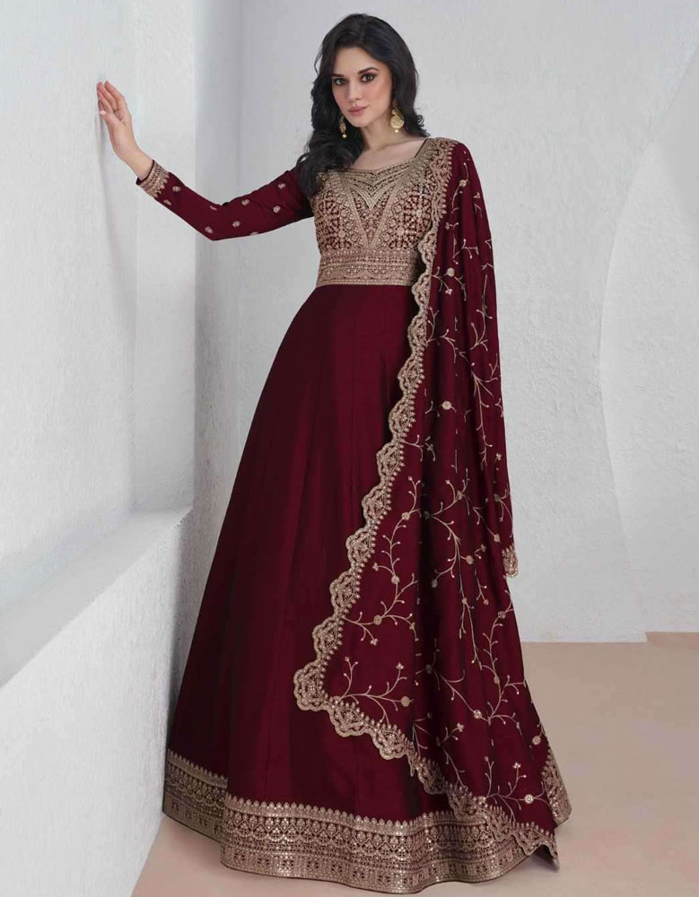 Designer Premium Silk Gown Dark Scarlet