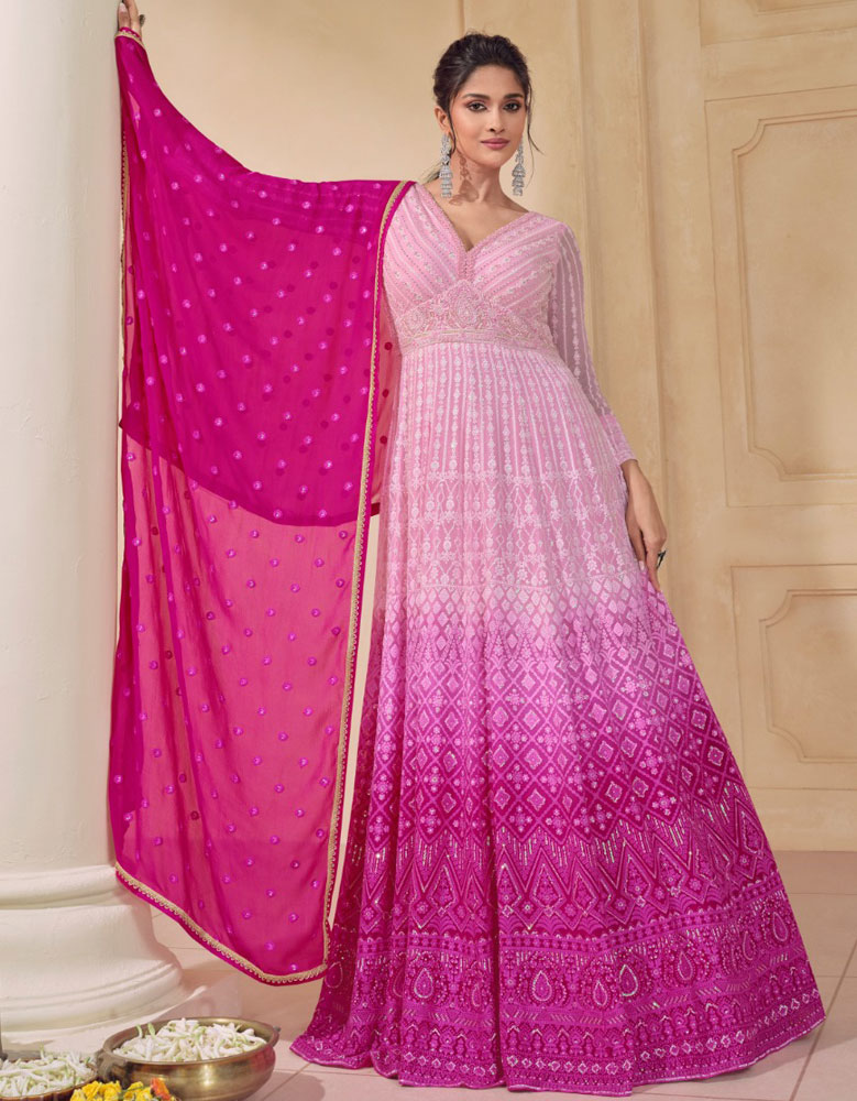 Real Georgette Designer Long Party Gown Pink Pearl