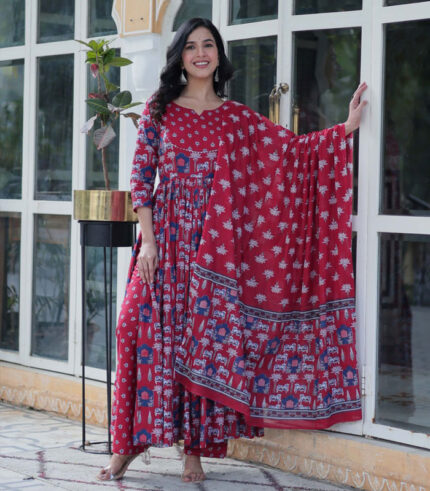 Premium Pure Cotton Kurti Set Red